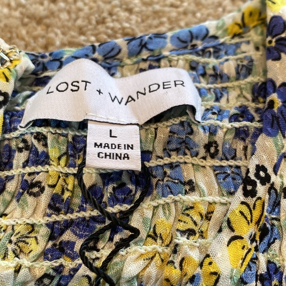 Lost + Wander Smocked Bodice S/S Blossom & Bloom Blue Yellow Floral Dress Sz L — image 7 of 8